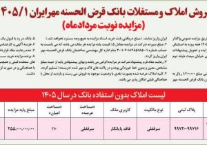 فروش املاک و مستغلات مازاد بانک قرض‌الحسنه مهر ایران در فارس از طریق مزایده عمومی